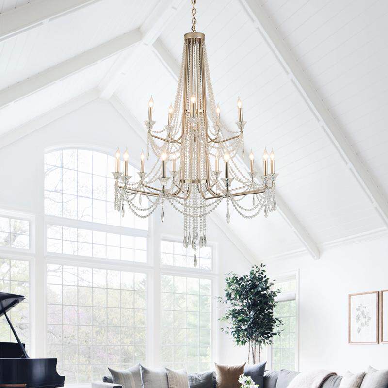 法式复式楼客厅大吊灯美式别墅挑空大厅灯轻奢浪漫双层楼梯水晶灯