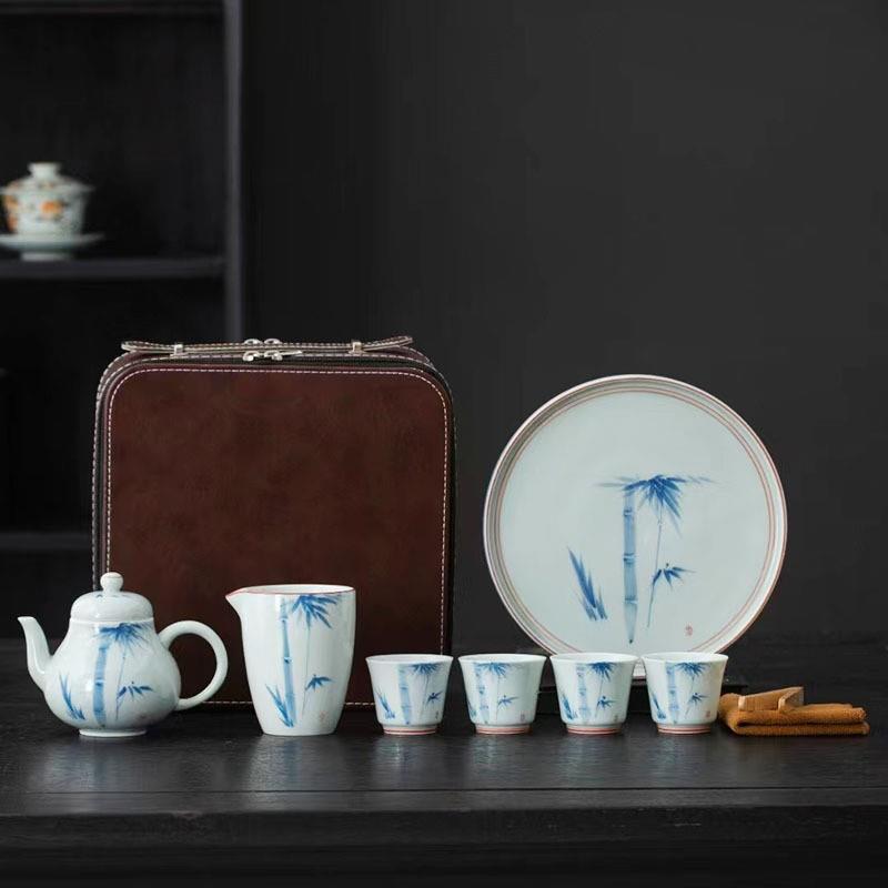中式青釉手绘家用便携陶瓷茶具茶具旅行泡茶快客杯一壶四杯小套装