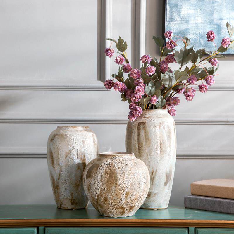 现代简约干 干燥花陶瓷插花花瓶新中式摆件覆古怀旧白色手工粗陶