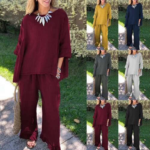 Spring Autumn New Cotton Linen Set Women's Solid Color Loose