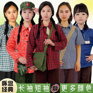 80年代怀旧服装上衣短袖印花格子女装翻领衬衫90年代花衣服女村姑