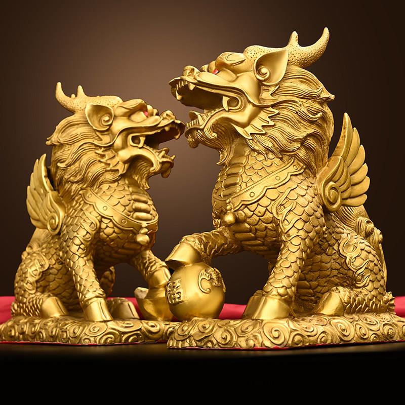 黄铜精工财富麒麟黄铜摆件客厅书房缺角店铺开业收银台摆放装饰