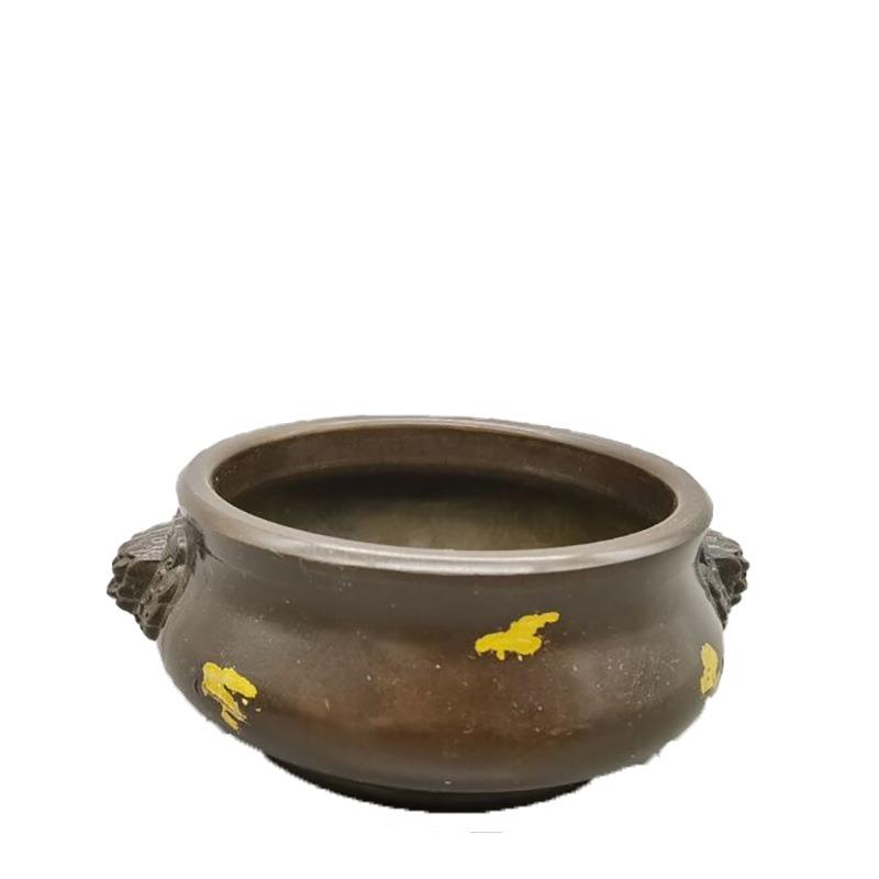 仿古做旧纯铜紫铜色鎏金香炉烟灰缸家居摆件古玩铜器熏香炉茶道