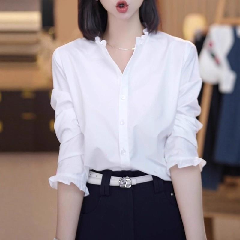 极速法式高级感白色木耳边长袖衬衫女秋季大码胖MM时尚洋气显瘦上