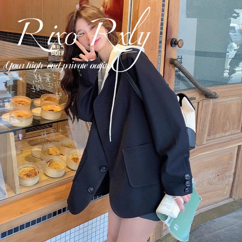 RIXO RXLY黑色假两件连帽西装外套女春秋小众设计感宽松休闲西服