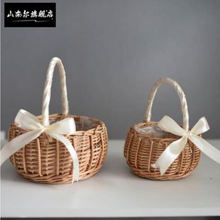 结婚小花童撒花篮藤编花盆草编手提竹篮婚礼拍照竹编婚庆插花篮子