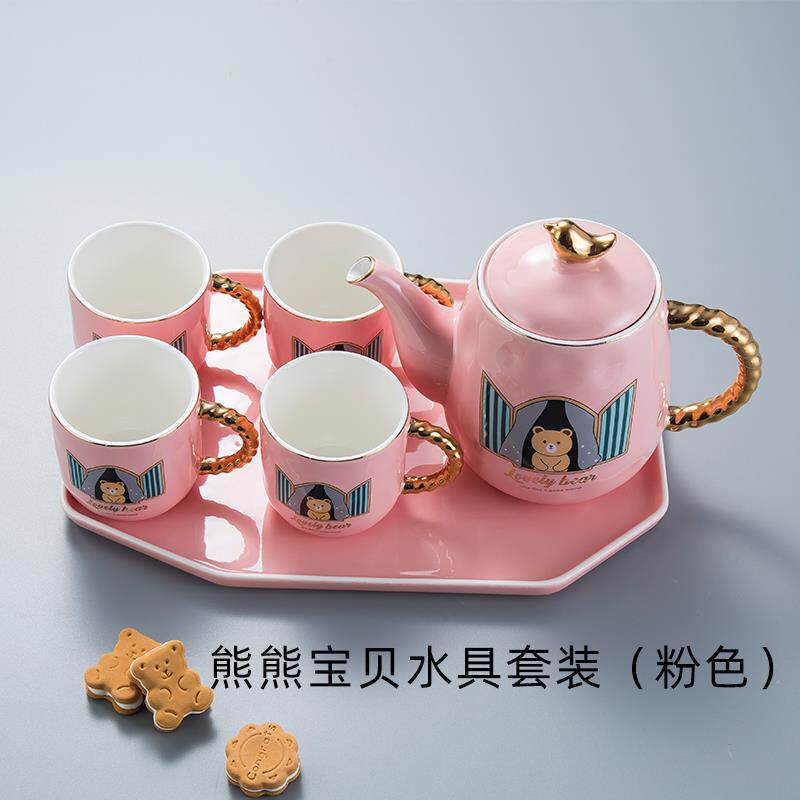 高档涂鸦瓷艺北欧奢水具套带装 瓷茶具水陶杯 家用客厅冷水壶轻托