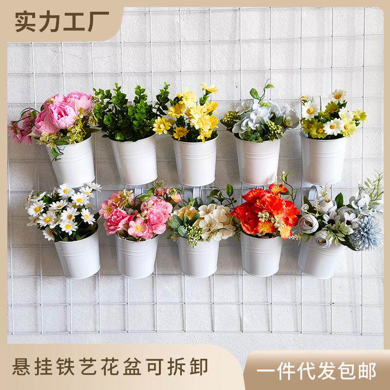 亚马逊彩色花桶铁皮挂桶绿植多肉铁花盆吊盆吊桶家居阳台悬挂花盆