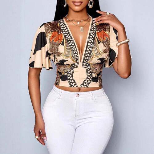 Women's All Over Print Woven Top  Casual V Neck Fitted Top