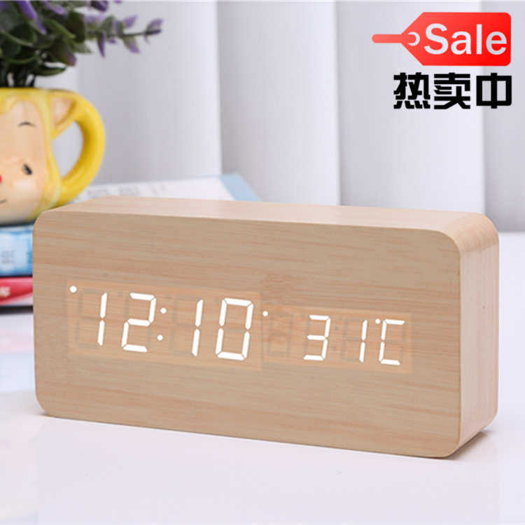 新品LED创意双显电子木头钟 led数字时钟 木质静音闹钟 时钟批发