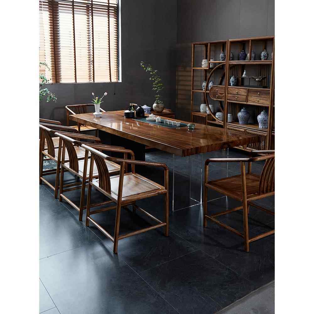 亚克力茶桌椅组合新中式实木烧水壶一体嵌入式茶盘茶台胡桃木茶桌