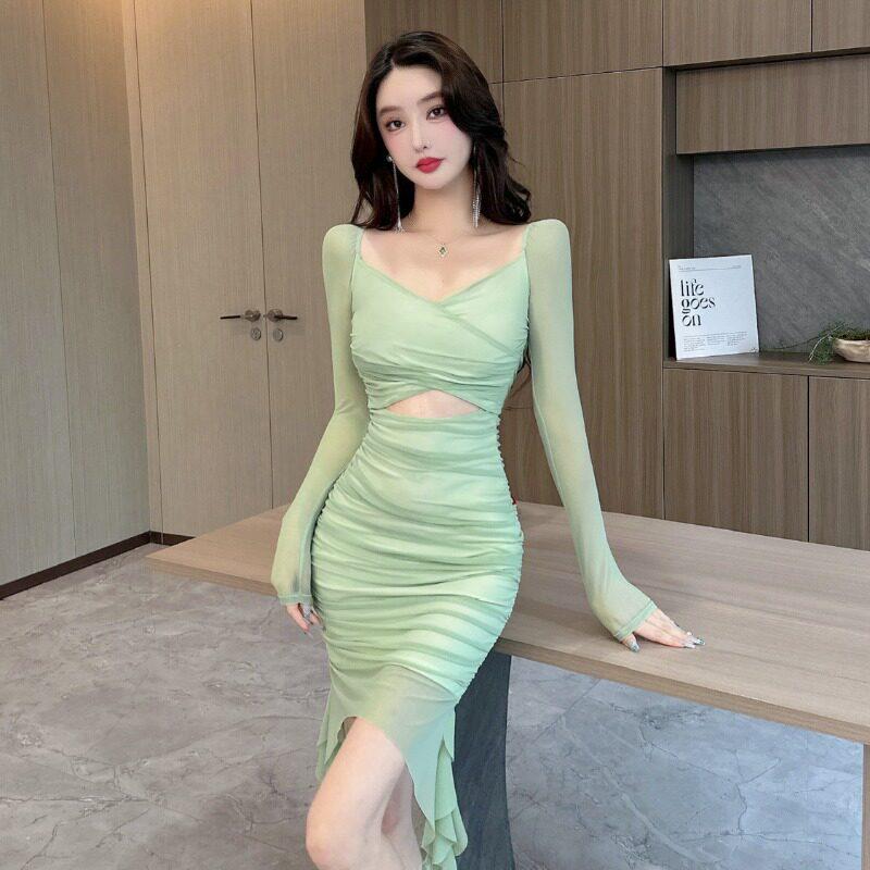 法式性感交叉镂空网纱不规则裙高弹气质修身显瘦夜店女装连衣裙潮