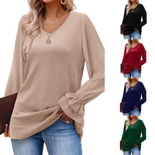 Women's long sleeved shirt collar flared sleeve top