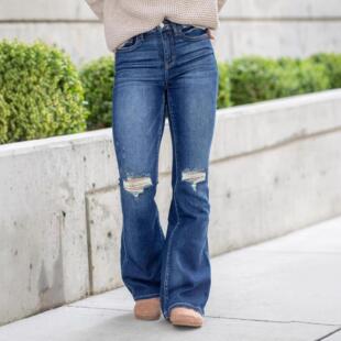 Gilipur Y2K Flare Dark Wash Jeans Knee Ripped Distressed