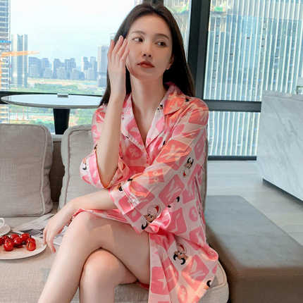 冰丝睡裙女夏季薄款男友风衬衫裙子仿真丝绸睡衣性感女生连衣衬衣