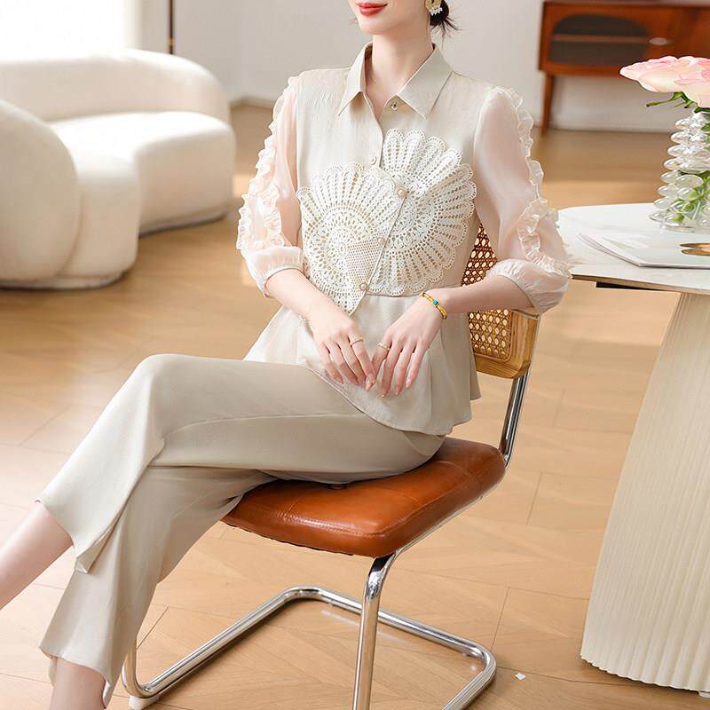 妈妈春夏装七分袖真丝小衫2025新款中老年女上衣五十多岁两件式套