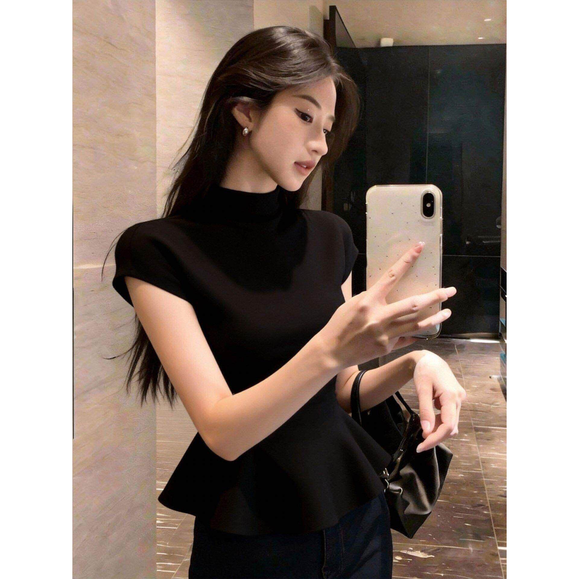 黑色半高领短袖T恤女2026春秋新款时髦高级感收腰下摆荷叶边上衣
