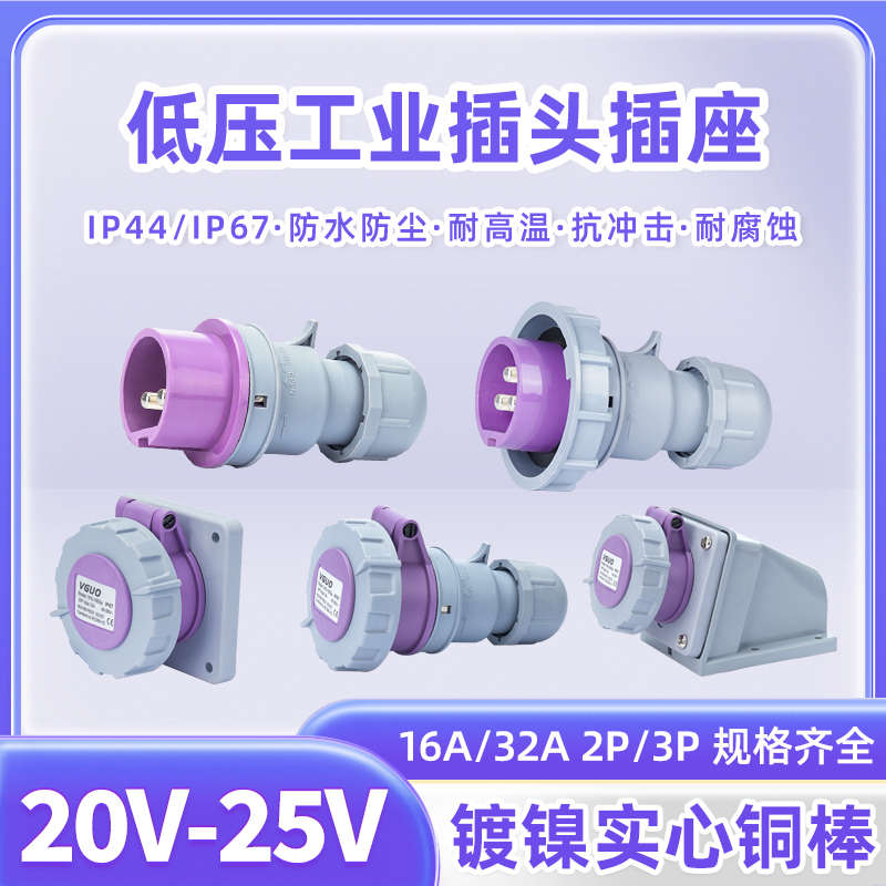欧标低压两芯20-25V工业插头2P三芯16A32A防水连接器暗装插座629a