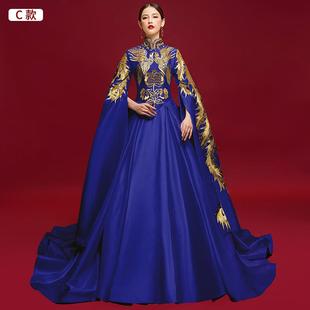 新款 气色质显瘦端主0庄大气中国风模特走秀蓝晚礼 持人礼服223新款