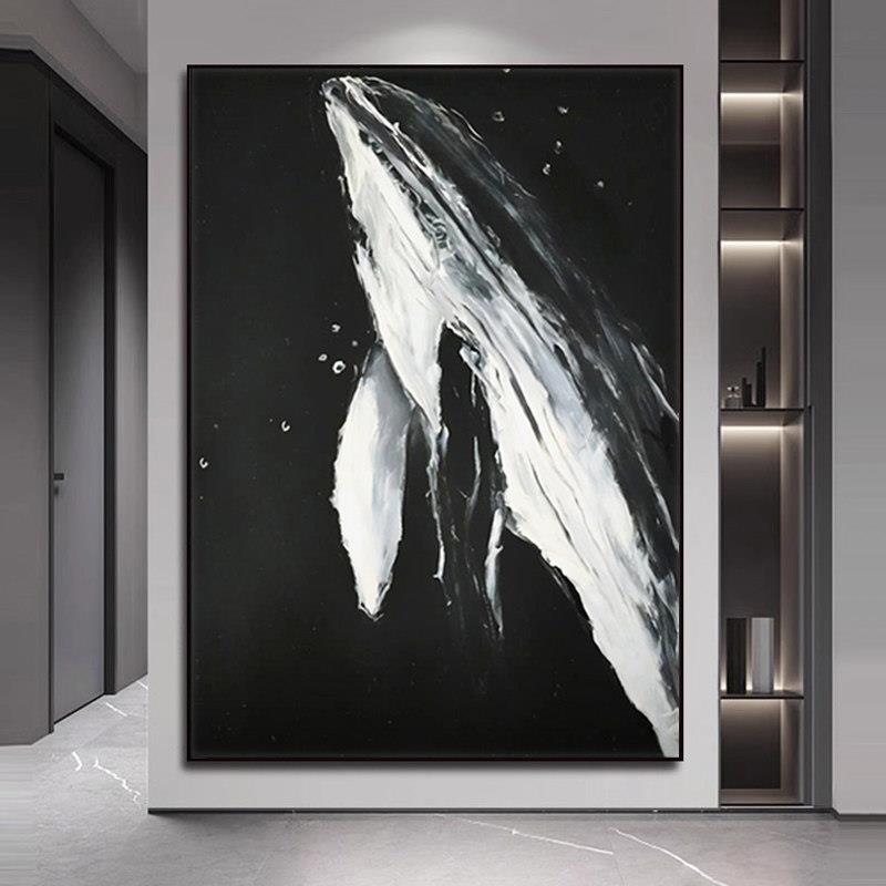 高级感黑白风格抽象鲸鱼玄关装饰画 画寓意好现代客厅沙发背景墙