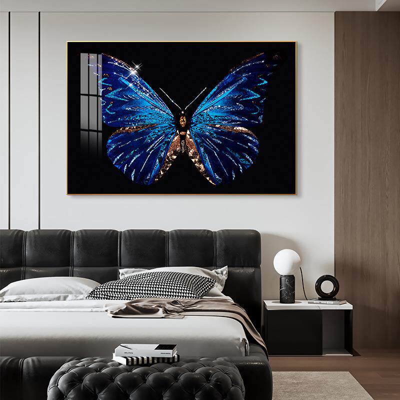 现代简约轻奢晶瓷镶钻装饰画大气沙发背景壁画蓝蝴蝶餐厅玄关挂画