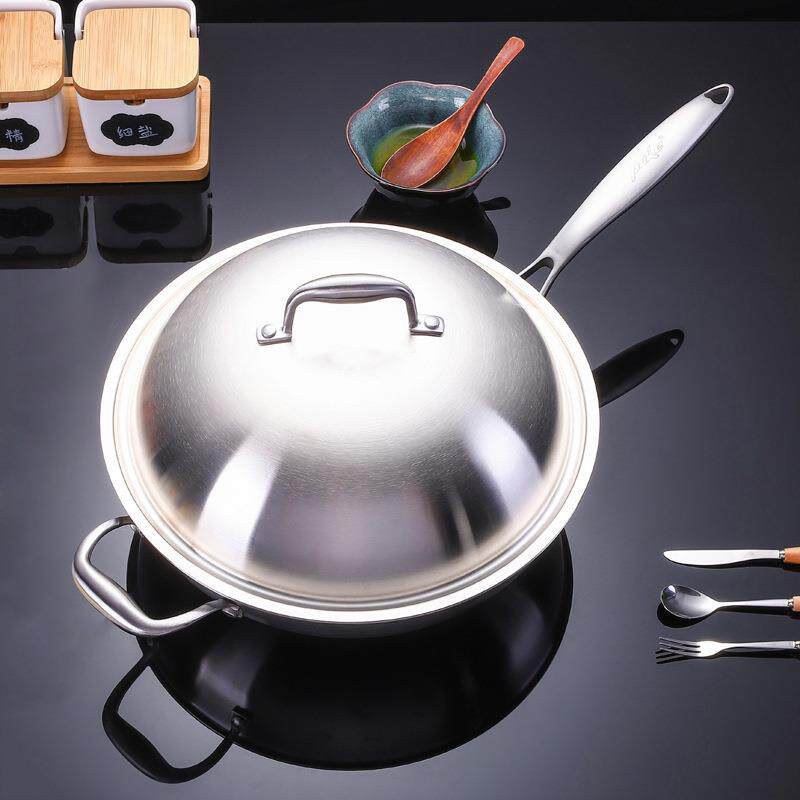厂家直销三层钢圆底炒锅304不锈钢平底锅不粘32cm尖底锅