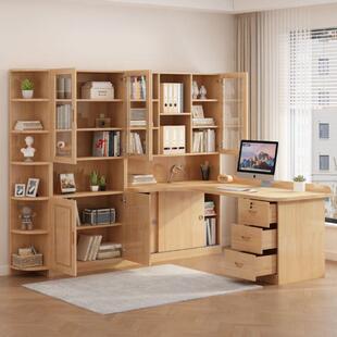 纯实木转角书桌书柜一体书架组合桌学生学习桌子写字桌台式电脑桌