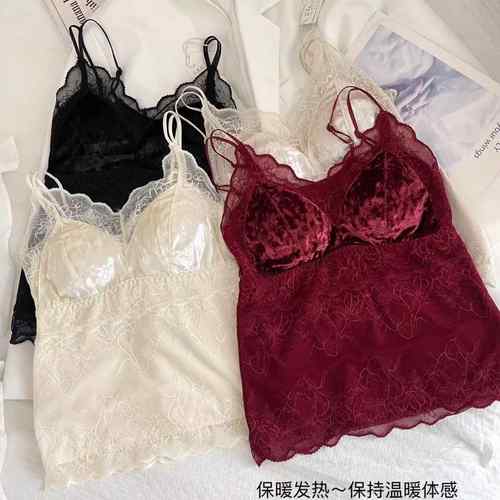 秋冬蕾丝保暖背心固定杯无痕乳胶外穿背心腈纶发热外穿免穿文胸