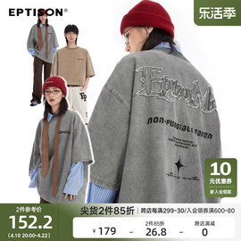 eptison夏季刺绣logo短袖t恤男女宽松复古水洗，做旧牛仔上衣潮