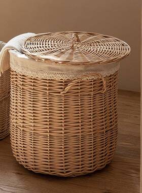 柳编脏衣服篮脏篓衣纳筐藤编带盖卫生间浴室放收衣服SNR脏衣整理