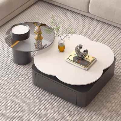 纯轻奢白四叶草旋转岩板茶意式客厅家用小户型RHMLMNQZ创意璃玻边