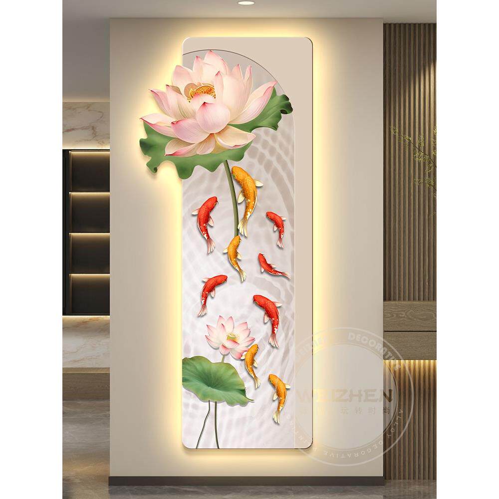 Led灯可达豪华入口大厅装饰画走廊走廊挂画壁画简约现代九鱼图莲
