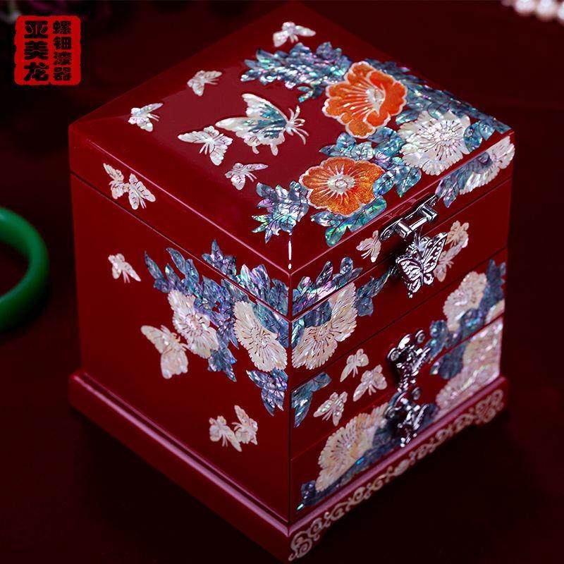 正品螺钿漆器首盒结婚礼质高档耳饰品物项木炼收纳盒中式带锁珠宝