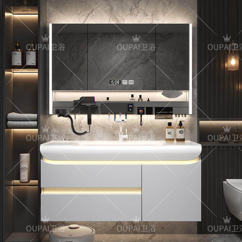 新款简约智能圆弧浴室柜防水防潮肤感一体盆洗手洗漱台洗脸盆柜子