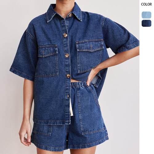 Pocket short sleeved shirt shorts denim suit for women