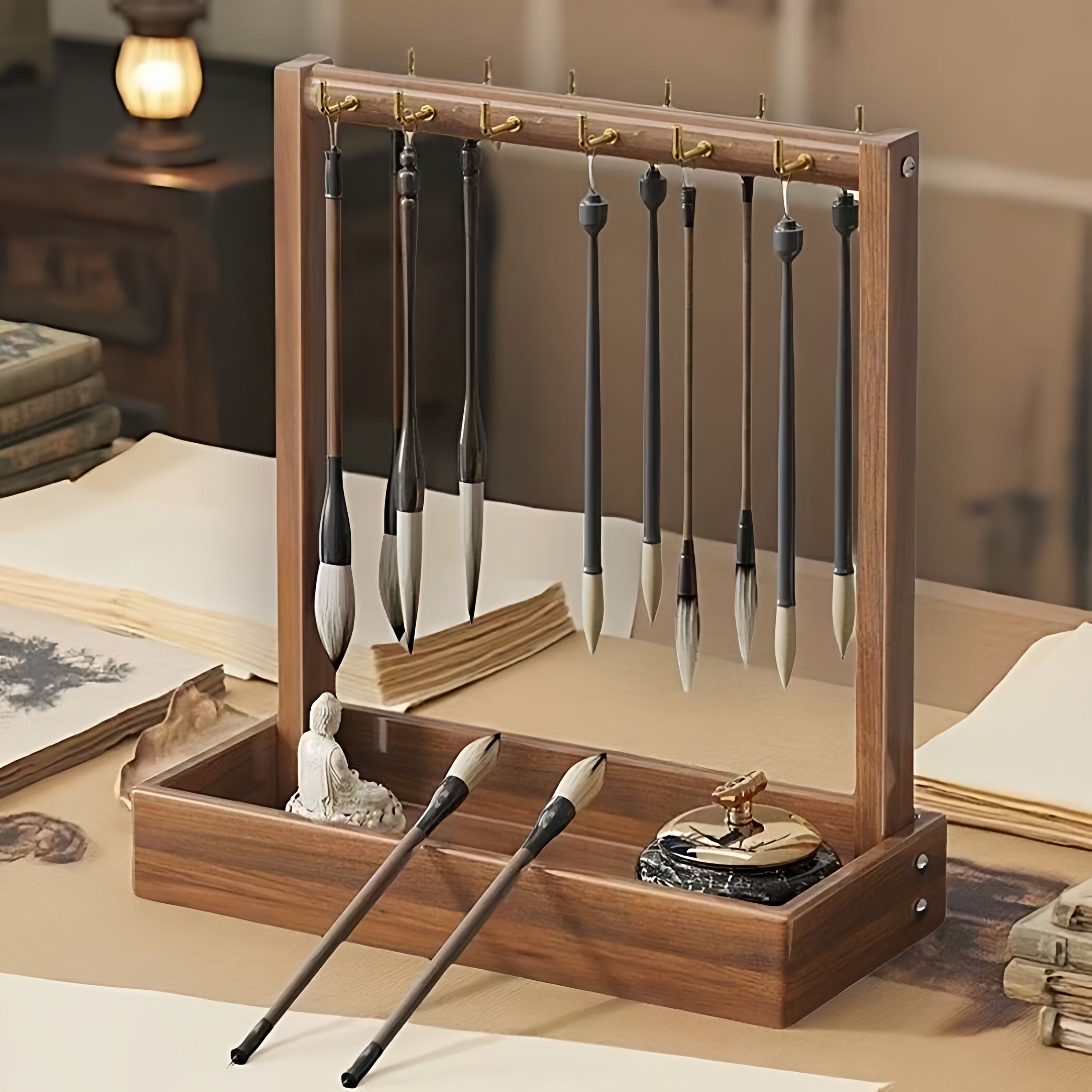 毛笔挂架架笔实木架子展示架墨笔书法专用放笔托文房四宝毛毡图片