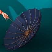 新品 遮阳伞木柄复古风16骨金色不透光彩胶太阳伞三折叠晴雨伞两用