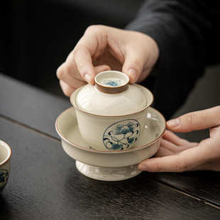 叙旧 手绘青花仿古单盖碗釉下彩陶瓷功夫茶具泡茶碗中式家用带盖