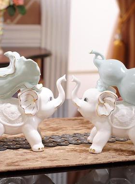 黎采《福禄百财》泰式陶瓷大象一对摆件欧式客厅创意大象家居工艺