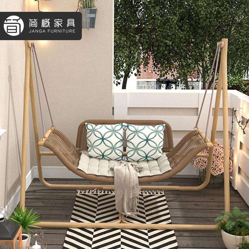 户外花园庭院休闲双人秋千室外别墅酒店民宿防水防晒绳编吊椅组合