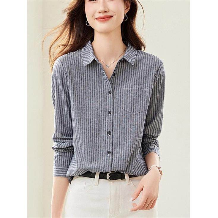 秋季2025新款纯棉口袋上衣女条纹衬衫女士高级感轻奢减龄洋气衬衣
