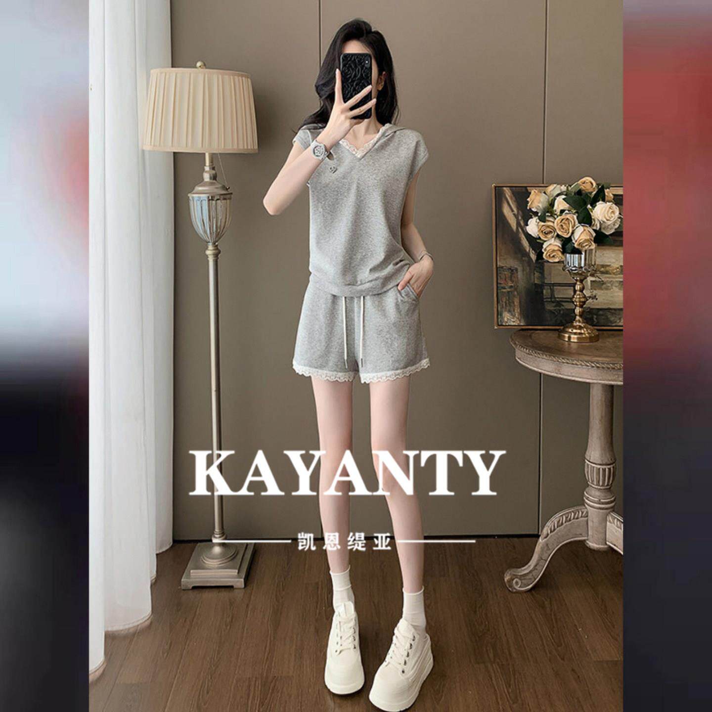 KAYANTY小个子穿搭休闲套装女款夏季连帽蕾丝V领运动风短裤两件套