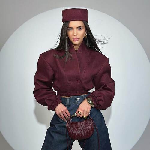 Women's wine red slimming collar double long sleeved short