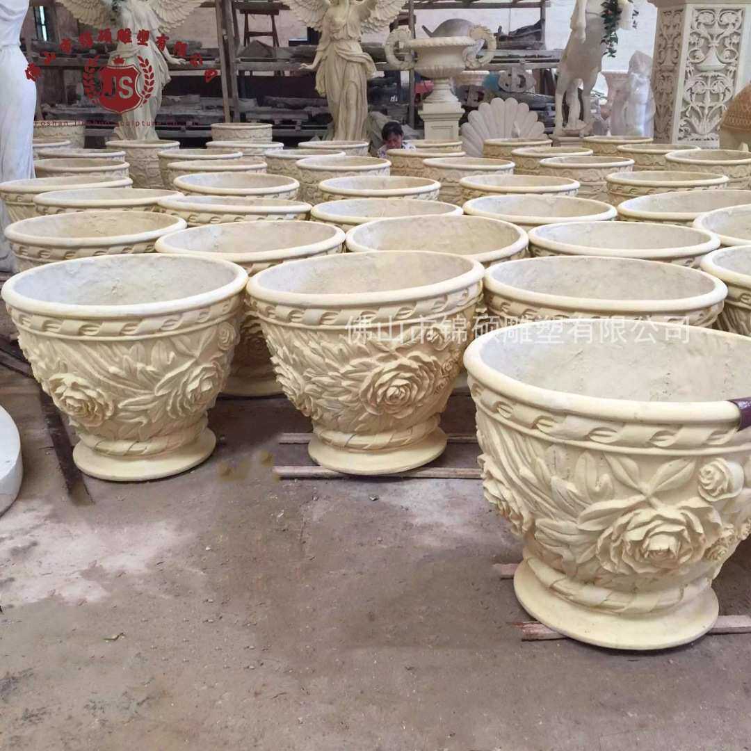 厂家砂岩石雕碗形花盆 别墅小区户外欧式花钵 大口径雕刻景观花盆