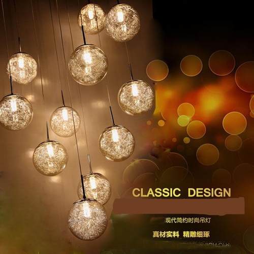 复式楼大吊灯北欧铝材螺旋形圆球玻璃楼中楼客厅售楼部楼梯长简约