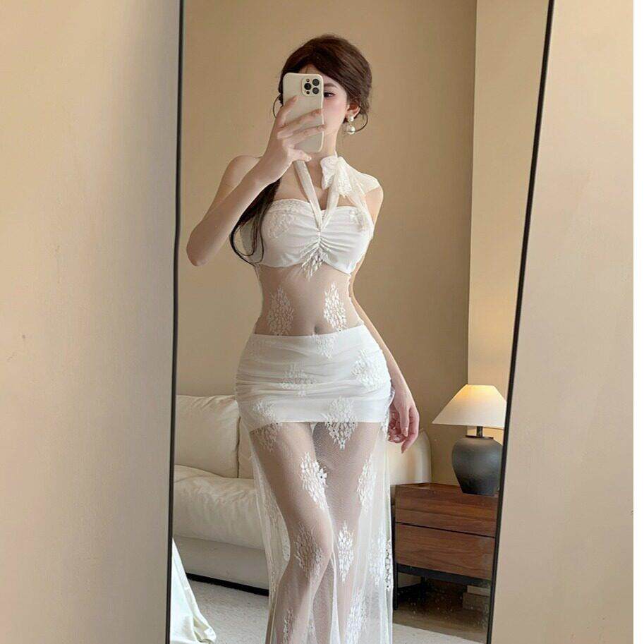 御姐独特绝美抹胸紧身包臀连衣裙性感黑色透视长裙子2025早夏新款