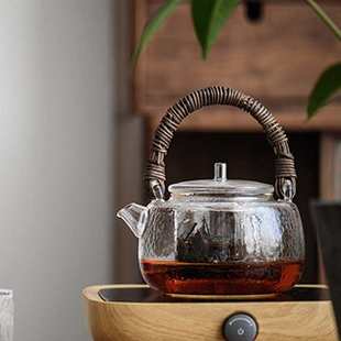 天然藤编玻璃提梁壶复古手工锤纹煮茶壶电陶炉烧水壶煮茶器