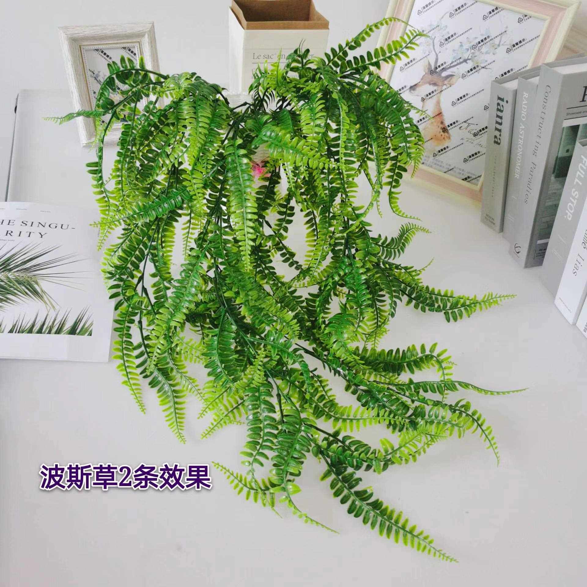 新款直销亚马逊仿真壁挂波斯草藤条绿色假植物装饰塑料水草悬挂蕨