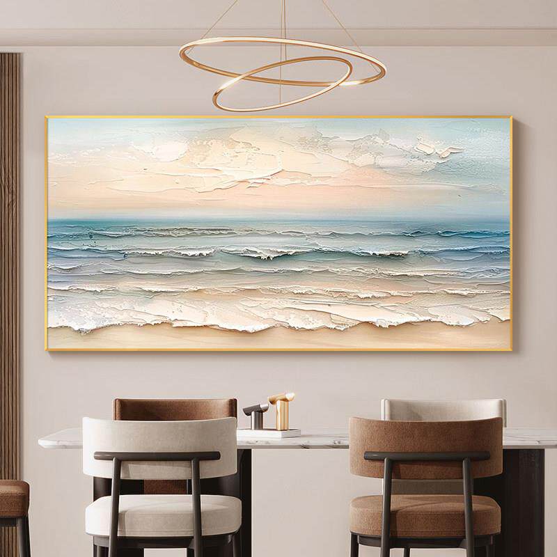 大芬油画村现代客厅挂画大海风景手绘厚肌理刀画立体画横版装饰画