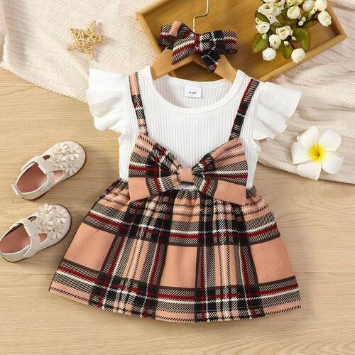 PatPat 2pcs Baby Girl 95% Cotton Ribbed Flutter-sleeve Splic